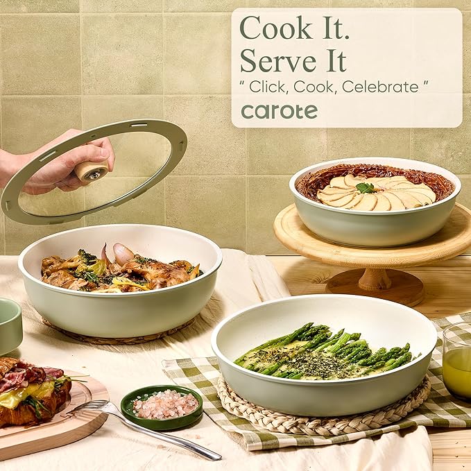 CAROTE 25pcs Pots and Pans Set Non Stick, Cookware Sets, Kitchen Set, Oven/Dishwasher/Fridge Safe, Space Saving Pots Set, Nonstick Set with Versatile Detachable Handle, Induction RV Set, Green
