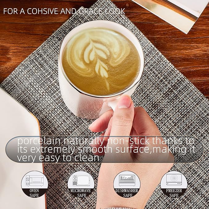 10 Oz White Bone China Coffee Mugs,Porcelain Tea Cups Ceramic Lightweight Set of 6, Luxury Mugs with Gold Trim for Espresso, Hot Cocoa, Cappuccino, Latte and Cold Drinks, Microwave Safe