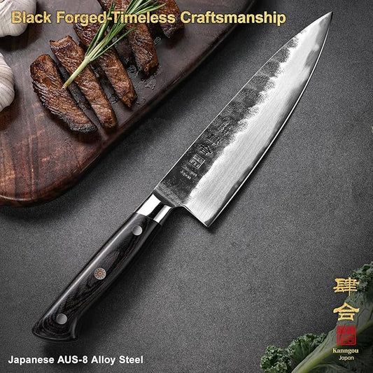 8 Inch Chef Knife, Japanese Chefs Knife Black Forged Kitchen Knife with AUS-8 Alloy Steel and Full Tang Pakkawood Handle, Christmas Gift with Premium Box