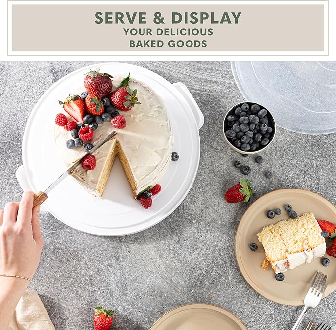 MosJos EXTRA LARGE Cake Carrier, Cake Stand with Lid and Foldable Handles - Multifunctional Serving Platter and Cake Plate - Cake Container with Dome and Strong Snaps 13 x 13 x 7 inch (White)