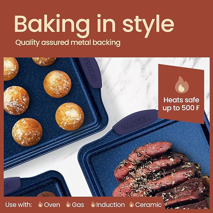 BAKKEN Kitchen Baking Pan Set - Nonstick Coating, Carbon Steel Bakeware Sets with Blue Silicone Handles, Baking Kitchen Essentials, PFOA, PFOS, PTFE Free, Oven Safe Tray (Up To 450° F), Set of 6