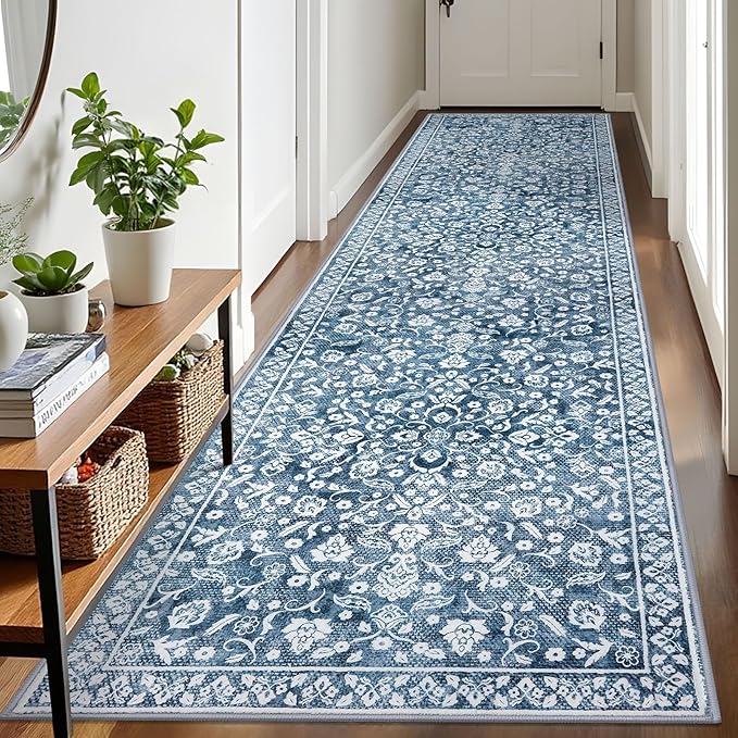 Vintage Runner Rugs for Hallway 3x10, Blue and White Washable Long Hallway Runner Rug Non Slip, Super Soft Kitchen Runner Rug, Print Faux Wool Floral Thin Carpet Hall Runner