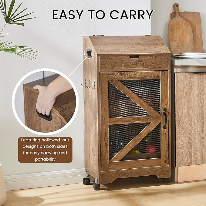 Potato and Onion Storage Bin, Wood Bread Box with Lid, Movable Fruit and Vegetable Organizer for Pantry, Kitchen