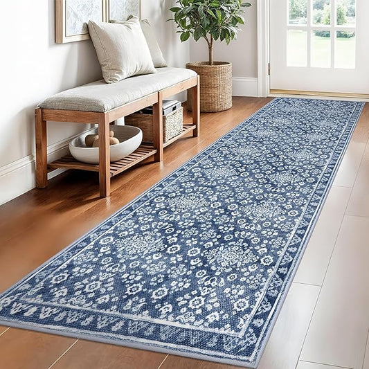 Vintage 2.6x8 Hallway Runner, Dusty Blue White Washable Non-Slip Hallway Carpet, Super Soft Kitchen Runner Rug, Print Faux Wool Floral Thin Carpet for Indoor & Bedside