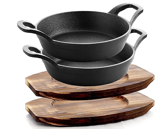 Bruntmor Mini Cast Iron Sizzler Plates Skillet Set Of 4. Round Fajita Plate With Wooden Base/Pan Tray Serving Sizzling Dish And Fajitas, Hot Steak Skillet Dish Without Sinking (2 Sets)