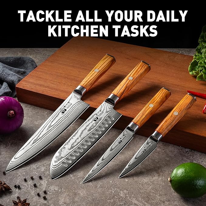 Damascus Knife Set with Block, Chef Knife Set Professional 67-Layer Damascus VG10 Steel, Olive Wood Handle with Gift Box