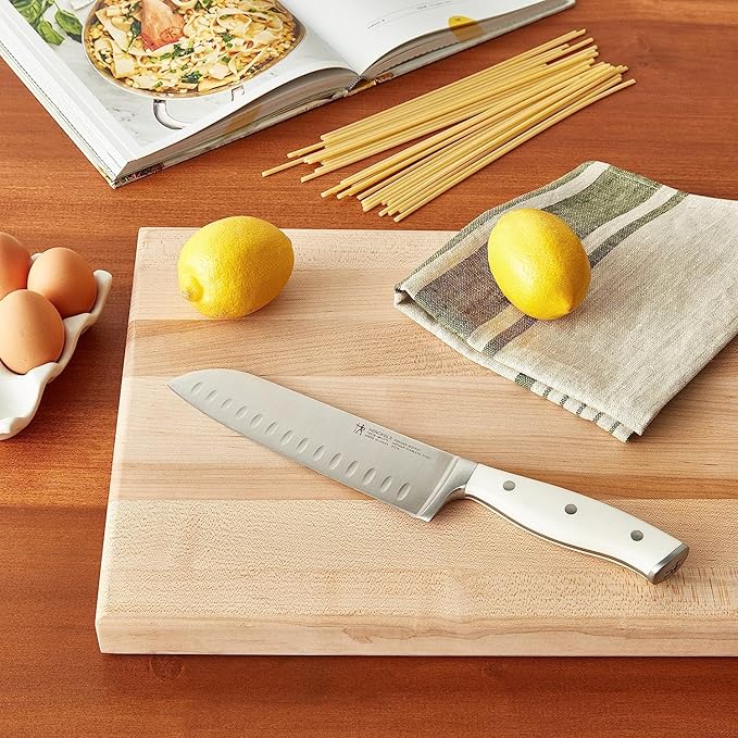 HENCKELS Forged Accent Razor-Sharp Hollow Edge Santoku Knife 7 Inch, White Handle, German Engineered Informed by 100+ Years of Mastery