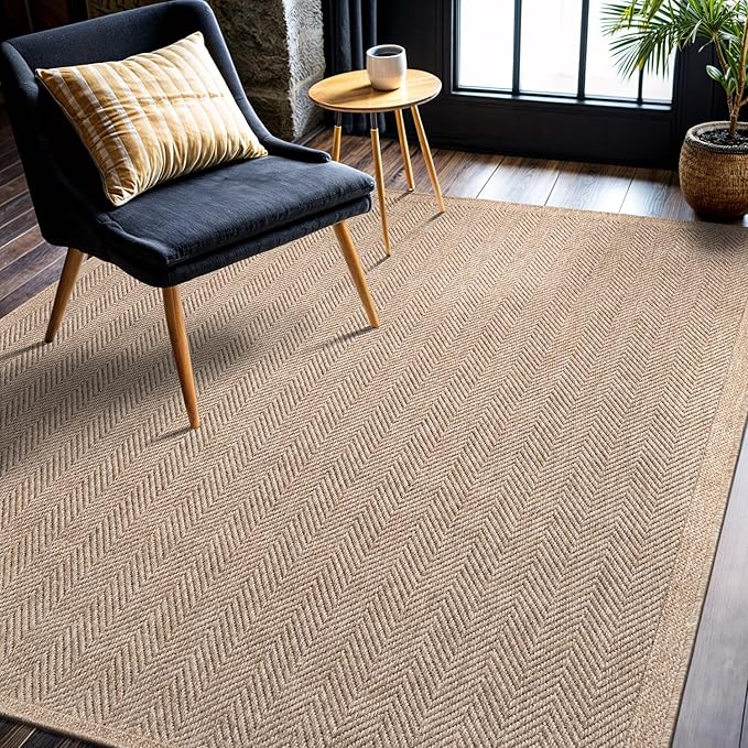 CAMILSON Easy Jute Rug 5x7, Indoor Outdoor Natural Color Fiber Area Rugs for Living Room Patio and Kitchen Rug Herringbone Seagrass Woven Design Easy-Cleaning Washable Outside Carpet Alfombras 5 x 7