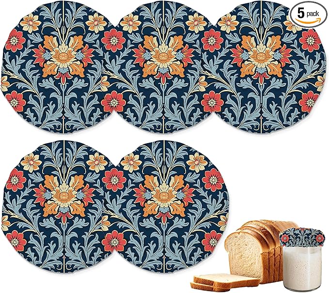 Sourdough Starter Jar Covers,5-Pack Reusable Vintage Flowers Indian Style Cloth Lids for 3-4 Inch Jars,Ideal for Kombucha Kefir or Cheese Fermentation