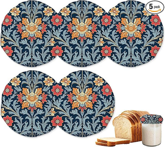 Sourdough Starter Jar Covers,5-Pack Reusable Vintage Flowers Indian Style Cloth Lids for 3-4 Inch Jars,Ideal for Kombucha Kefir or Cheese Fermentation