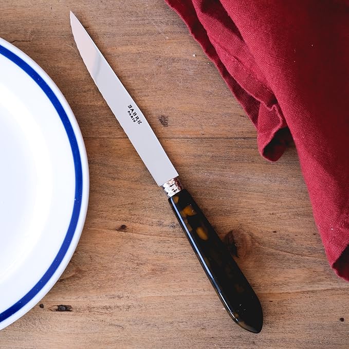 Set of 6 Serrated Steak Knives - Icône Collection - Meat Knives - Stainless Steel & Acrylic - Dishwasher Safe - White