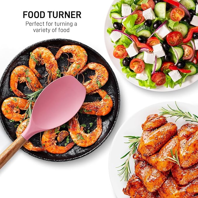 Zulay Kitchen Non-Stick Cooking Utensils Set with Authentic Acacia Wood Handles – 5-Piece Durable & Stylish Silicone Kitchen Utensils Set – Heat Resistant to 464°F – Pink