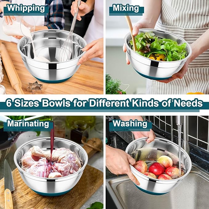 TeamFar Mixing Bowls, 6 PCS Stainless Steel Nesting Salad Bowl with Lids & 3 Graters, For Kitchen Cooking Serving Prepping, Airtight & Non-Slip, Size 4.6/3.5/2/1.5/1/0.7 QT, Blue