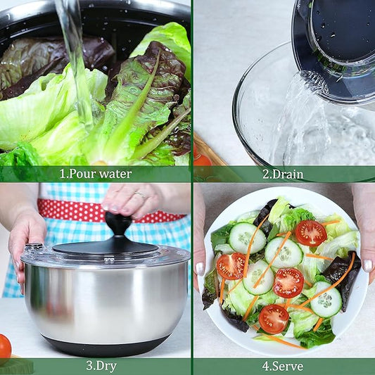 Stainless Steel Salad Spinner Large 5.28Qt - Lettuce Spinner With Strainer - Salad Spinners Best Rated For Home Kitchen Washing - - Includes Vegetable Slicer.
