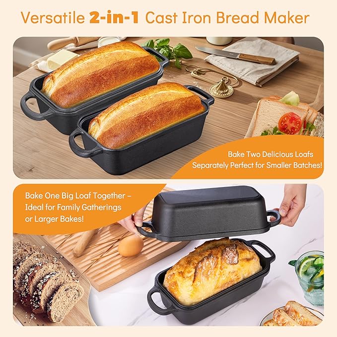 GRMImosa 2 in 1 Cast Iron Bread Loaf Pan with Lid, Loaf Pans for Baking Bread, Even Heat Distribution for Meatloaf, Homemade Bread