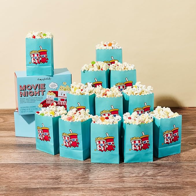 Thoughtfully, Family Movie Night Supplies Kit, Includes Popcorn Bags, Gourmet Popcorn Kernels, Seasonings and Candy Toppings, Gift Basket Idea