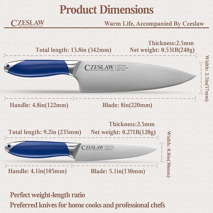 Chef Knife 2pcs, 8" Chef's Knife & 5" kitchen knives, Razor Sharp Professional Japanese Chef Knife, Forged from High Carbon German Steel,Full Tang Prussia Blue Handle,cooking gifts cooks