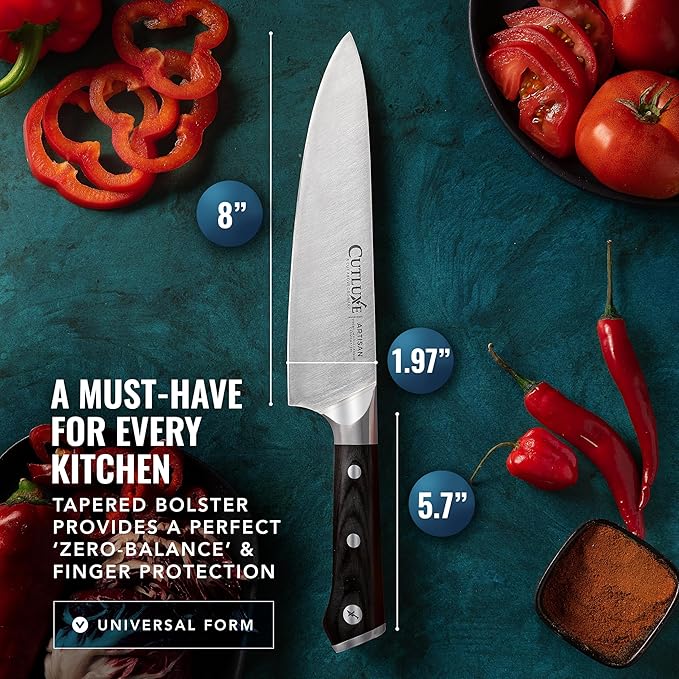 Cutluxe Chef Knife – 8" Kitchen Knife, German High Carbon Steel, Full Tang, Ergonomic Handle Design, Sheath Included – Artisan Series