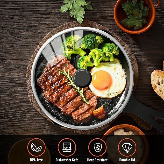 12 Inch Pan Lid For Pots Pans and Skillets, Cast Iron Skillet Lid, Large Tempered Glass Frying Pan Lids/Pot Cover Replacement, Crock Pot Lids with Wide Stainless Steel Rim, Cookware Lids Cover