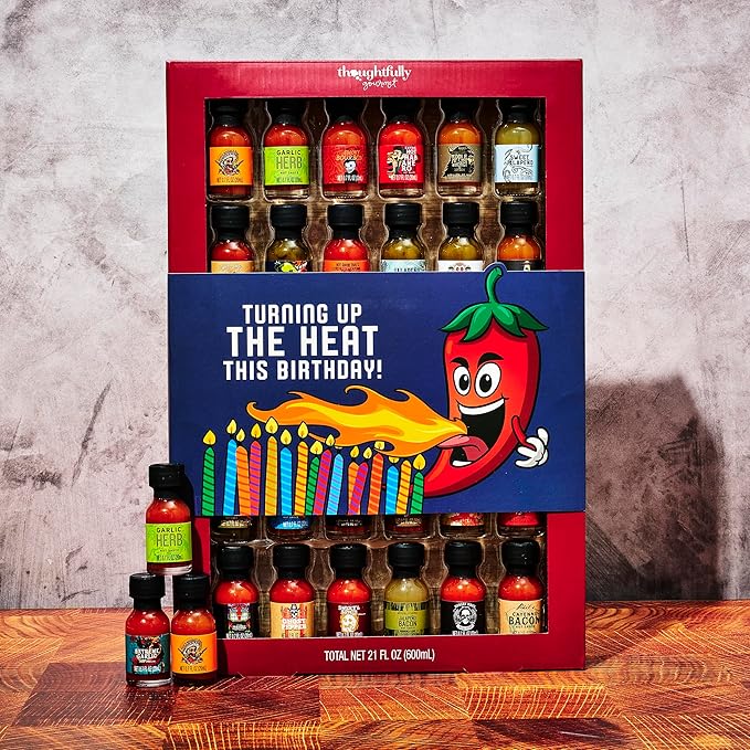 Thoughtfully Gourmet Birthday Hot Sauce Sampler Gift Set, 30-Pack with Flavors Like Garlic Herb & Apple Whiskey, Gift Wrapped for Birthdays