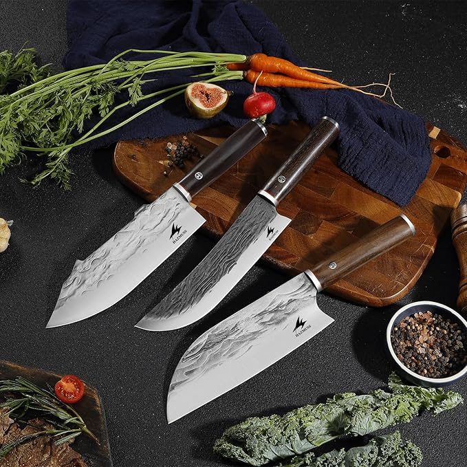 Hand Forged Chef Knife, 7.6-inch High Carbon Stainless Steel Blade for Slicing, Ash Wood Handle, with Leather Sheath, Suitable for Kitchen, Outdoor Cooking, BBQ