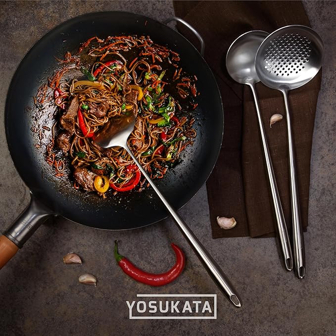 Yosukata 17" Wok Spatula and Ladle Skimmer Spoon - Stainless Steel Cooking Utensils Set of 3-304 Stainless Steel Kitchen Utensils Set - Dishwasher Safe Wok Accessories - Wok Utensils - Cooking Tools
