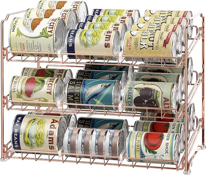 SIMPLE HOUSEWARE Stackable Can Organizer Rack for Pantry/Cabinet – 11.5" D x 17" W x 13.75" H, Holds 36 Cans, 3-Tier Can Food Storage Dispenser, Rose Gold
