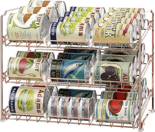 SIMPLE HOUSEWARE Stackable Can Organizer Rack for Pantry/Cabinet – 11.5" D x 17" W x 13.75" H, Holds 36 Cans, 3-Tier Can Food Storage Dispenser, Rose Gold