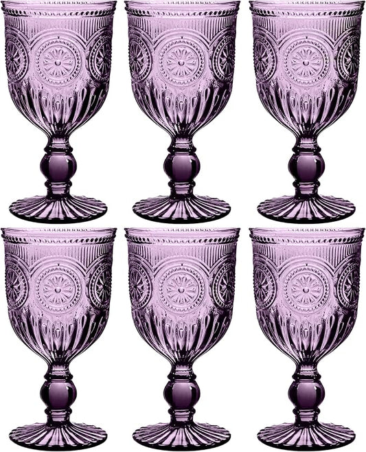 Yungala Purple Wine Glasses set of 6 purple goblets. GLASS goblets for wine, water or cocktails, vintage glassware and DISHWASHER SAFE, colorful glassware.