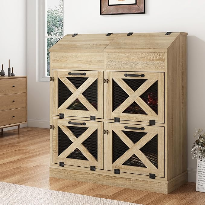 Large Wood Veggie Bin for Potato,Bread,Onion With 6 Large Storage Space. Root Vegetable Storage Box For Kitchen, Farmhouse Wood Potato Box With 4 Mesh Doors,32 * 12.4 * 36 INCH(OAK)