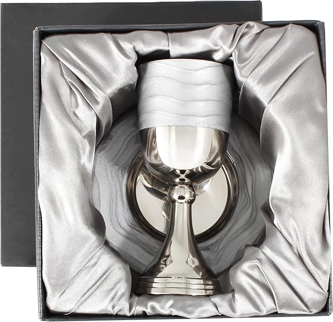 Zion Judaica 5.75" Luxurious Kiddush Cup Set Gift Boxed Polished Nickel Plated with Silver Enamel Elegant Wine Cup Goblet & Matching Tray Stunning Shabbat, Yom Tov, Passover Seder Décor