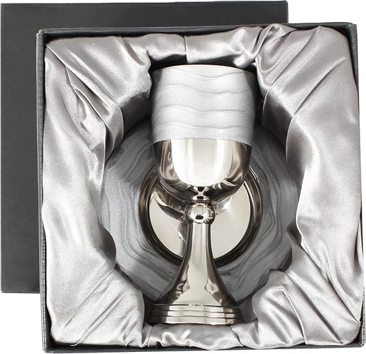 Zion Judaica 5.75" Luxurious Kiddush Cup Set Gift Boxed Polished Nickel Plated with Silver Enamel Elegant Wine Cup Goblet & Matching Tray Stunning Shabbat, Yom Tov, Passover Seder Décor