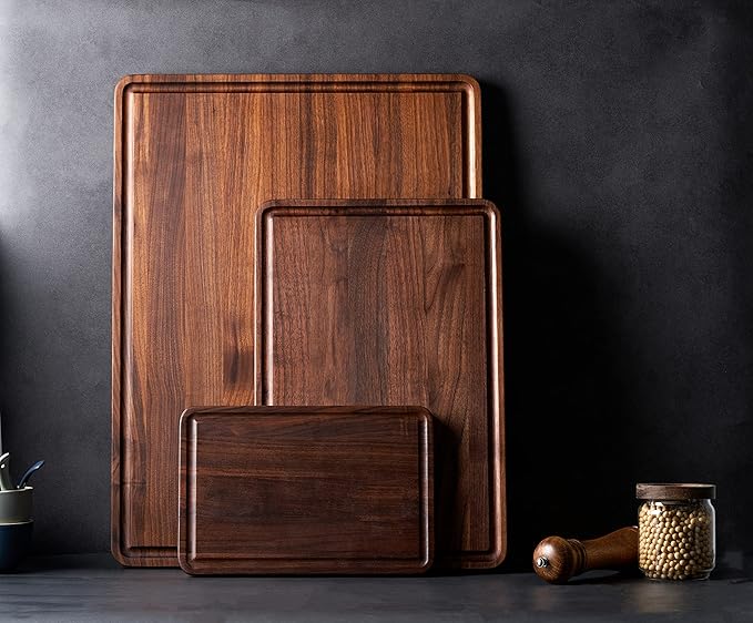 AZRHOM Small Walnut Wood Cutting Board for Kitchen 12x8 in (Gift Box) with Juice Groove Handles Non-slip Mats Thick Reversible Butcher Block Chopping Board