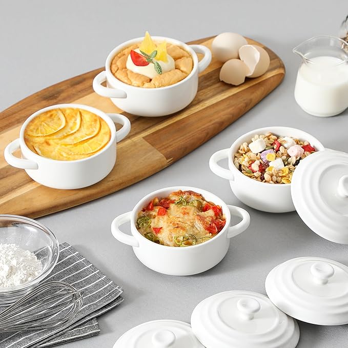 MALACASA Mini Cocotte Set - 14 OZ Small Casserole Dishes with Lids and Handles, Ceramic Mini Dutch Oven Set of 4, Small Baking Ramekins for Lasagna, Soufflé, Oven, Microwave & Dishwasher Safe, Series BAKE.BAKE