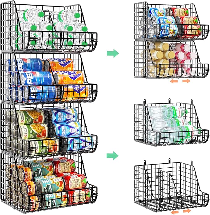 Stackable Soda Can Organizer Stores Up to 72 Cans, 4-Pack Can Storage Organizer for Pantry Shelves, 4-Tier Kitchen Can Holders with 4 Adjustable Dividers, Wire Drink Organizer for Pantry Cabinet Shelf