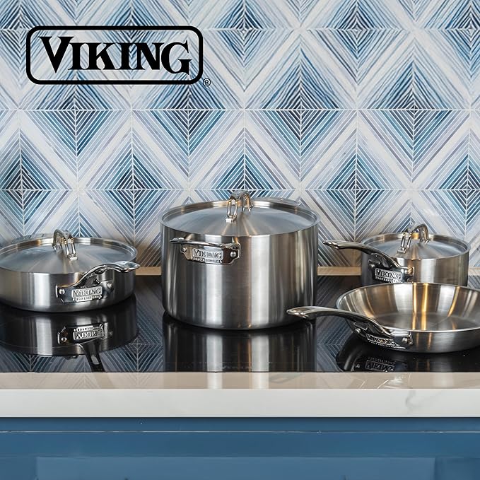 Viking 5-Ply Pots and Pans Set, 7 Piece Stainless Steel Kitchen Cookware, Silver