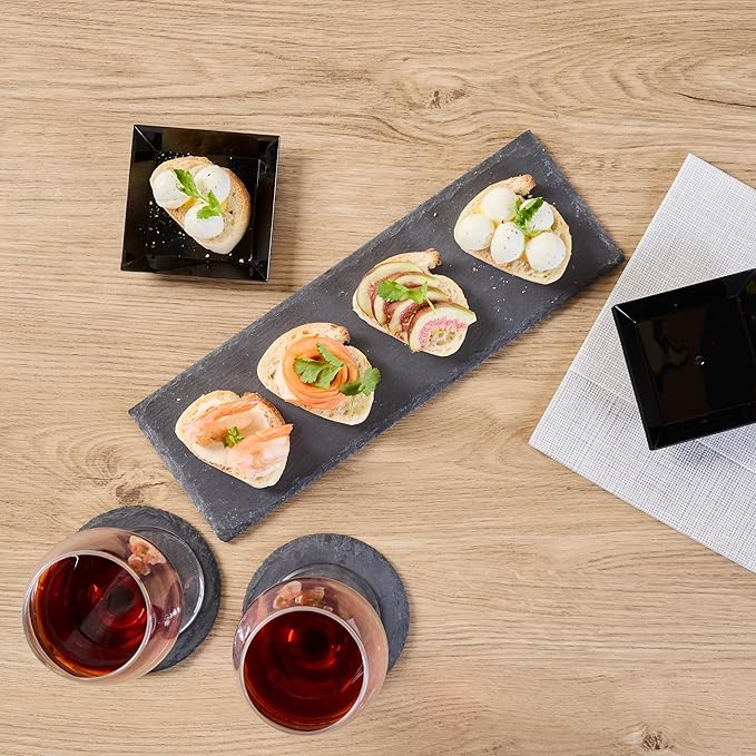 Restaurantware Slate Serving Tray 1 Pack of 11.8" x 4" Foam Feet Charcuterie Stone Plate Rustic Edges Freezable Black Serving Display Cheese Boards for Kitchen, Gourmet, Dining, Parties