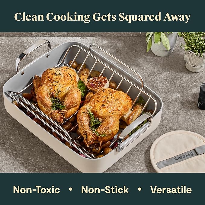 Caraway Roasting Pan - 16x13” Roasting Pan with Rack - Non-Stick Ceramic Coated - Non Toxic, PTFE & PFOA Free - Oven Safe & Compatible with All Stovetops - Gray