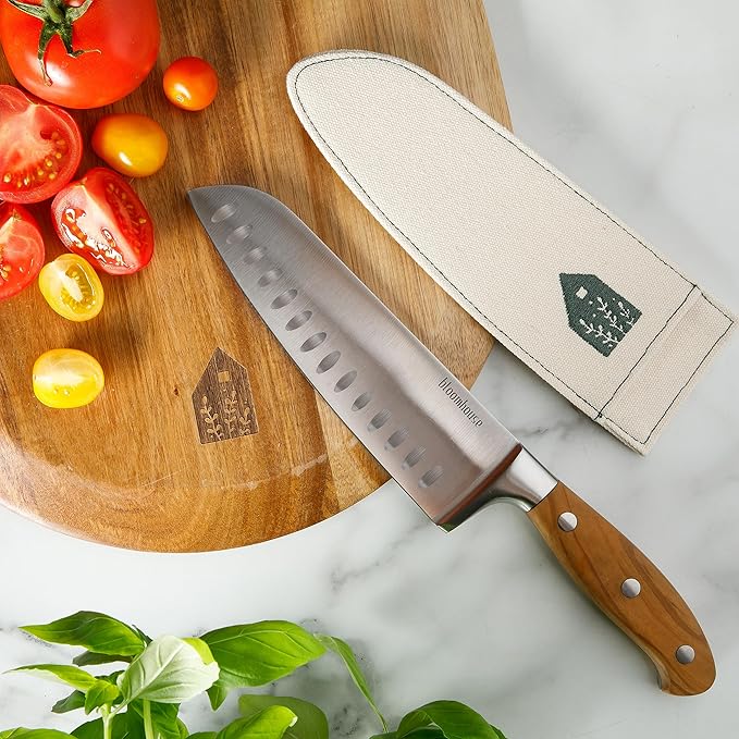 Bloomhouse 7 Inch German Steel Santoku Knife W/Italian Olive Wood Forged Handle