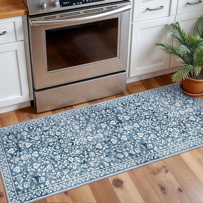 Vintage Washable 2x5 Rug, Blue and White Hallway Runner, Super Soft Non-Slip Kitchen Runner, Print Faux Wool Floral Thin Carpet for Entryway & Bedside