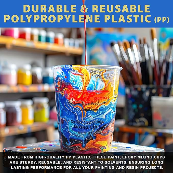 Custom Shop Paint Mixing Cups, 32-Ounce (Box of 100) - Plastic Measuring Cups for Liquids, Automotive Painting, Epoxy Resin, Acrylic Arts, Crafts, Disposable or Reusable, Graduated, Mixing Ratios