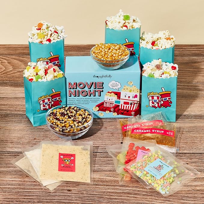 Thoughtfully, Family Movie Night Supplies Kit, Includes Popcorn Bags, Gourmet Popcorn Kernels, Seasonings and Candy Toppings, Gift Basket Idea