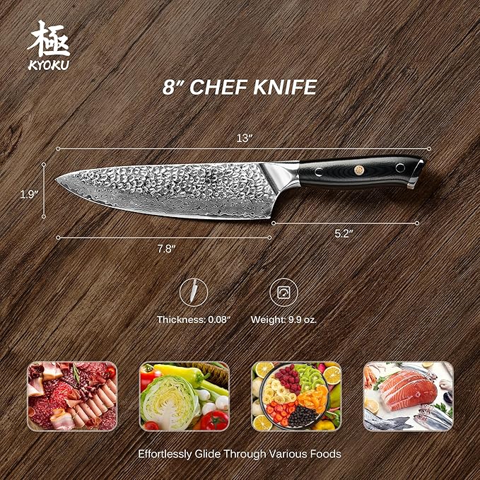 KYOKU Chef Knife - 8"- Shogun Series Japanese VG10 Steel Core Hammered Damascus Blade Kitchen Knife - with Sheath & Case