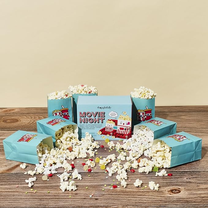 Thoughtfully, Family Movie Night Supplies Kit, Includes Popcorn Bags, Gourmet Popcorn Kernels, Seasonings and Candy Toppings, Gift Basket Idea