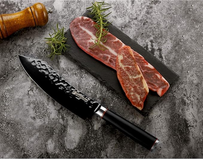 YOUSUNLONG Butcher Knife - 8 Inch Meat cleaver - Japanese AUS8 Black Titanium Nitride Coated Steel - Super Sharp - Natural Ebony Handle