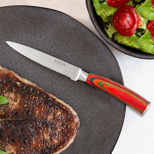 Totally Bamboo Baltique Marrakesh Collection Kitchen Steak Knives Set of 6, 5-Inch Stainless Steel Serrated Knife Set with Colorful Wooden Handles for Cutting Meat