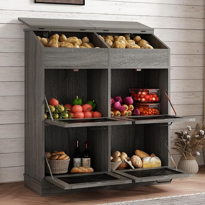 Large Wood Veggie Bin for Potato,Bread,Onion With 6 Large Storage Space. Root Vegetable Storage Box For Kitchen, Farmhouse Wood Potato Box With 4 Mesh Doors,32 * 12.4 * 36IN(Grey)