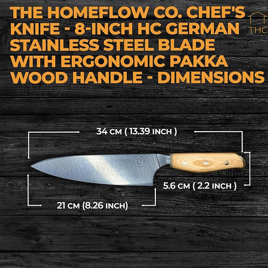 THC 8 Inch Chef Knife - Professional German High Carbon Stainless Steel Kitchen Knife with Ergonomic Pakka Wood Handle - Full Tang Design for Precision Cutting - Durable Chef’s Knife with Gift Box