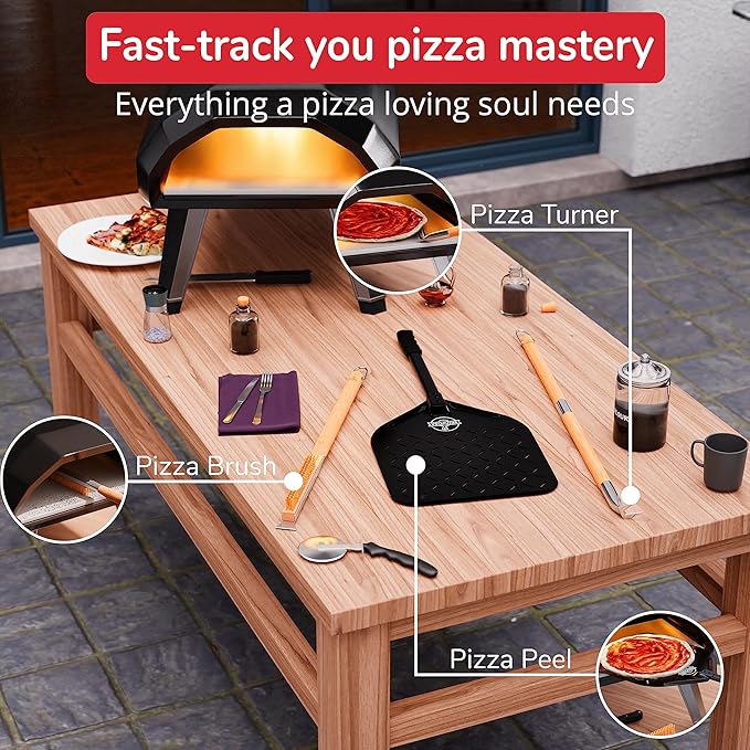 26” Pizza Oven Brush with Stone Scraper - Heat Resistant Stainless Steel Bristles, Extra Long Handle - Compatible with Ooni Ovens - Includes Spare Head