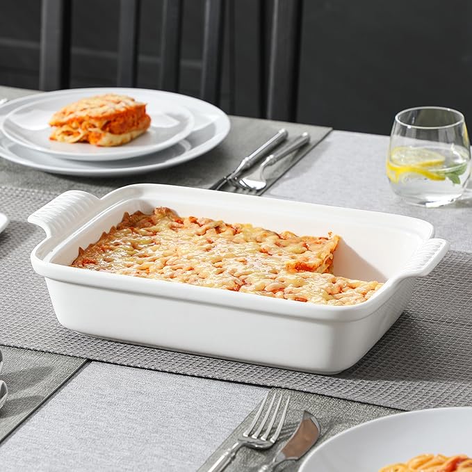 MALACASA 3.4 Quart Baking Dish With Lid, Porcelain Casserole dish with Lid, 13 x 9 Lasagna Pan Deep with Lid, Rectangular Bakeware With Handle, Microwave, Oven Safe, White, Series BAKE